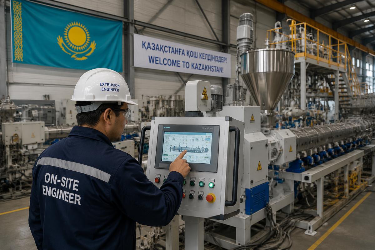On-site engineer commissioning an extrusion line in Kazakhstan