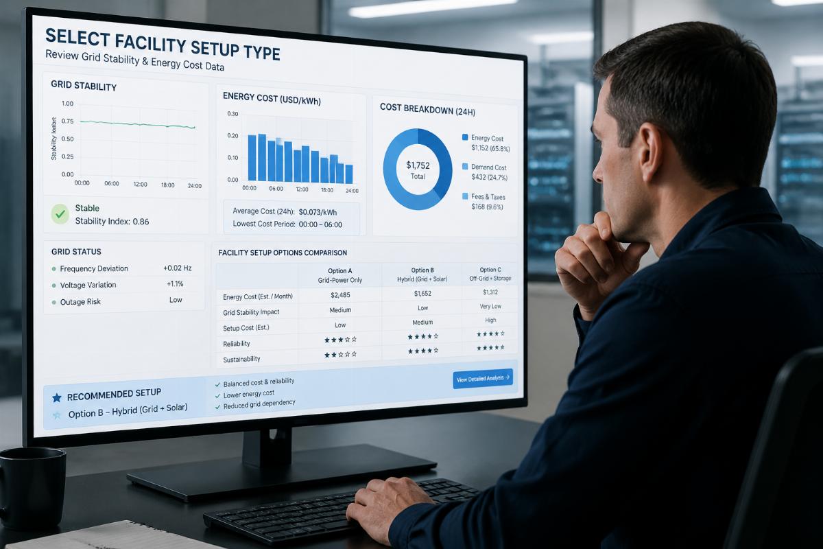Operator reviewing grid stability and energy cost data to select facility setup type