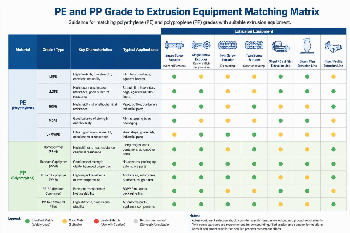 PE and PP grade to extrusion equipment matching matrix