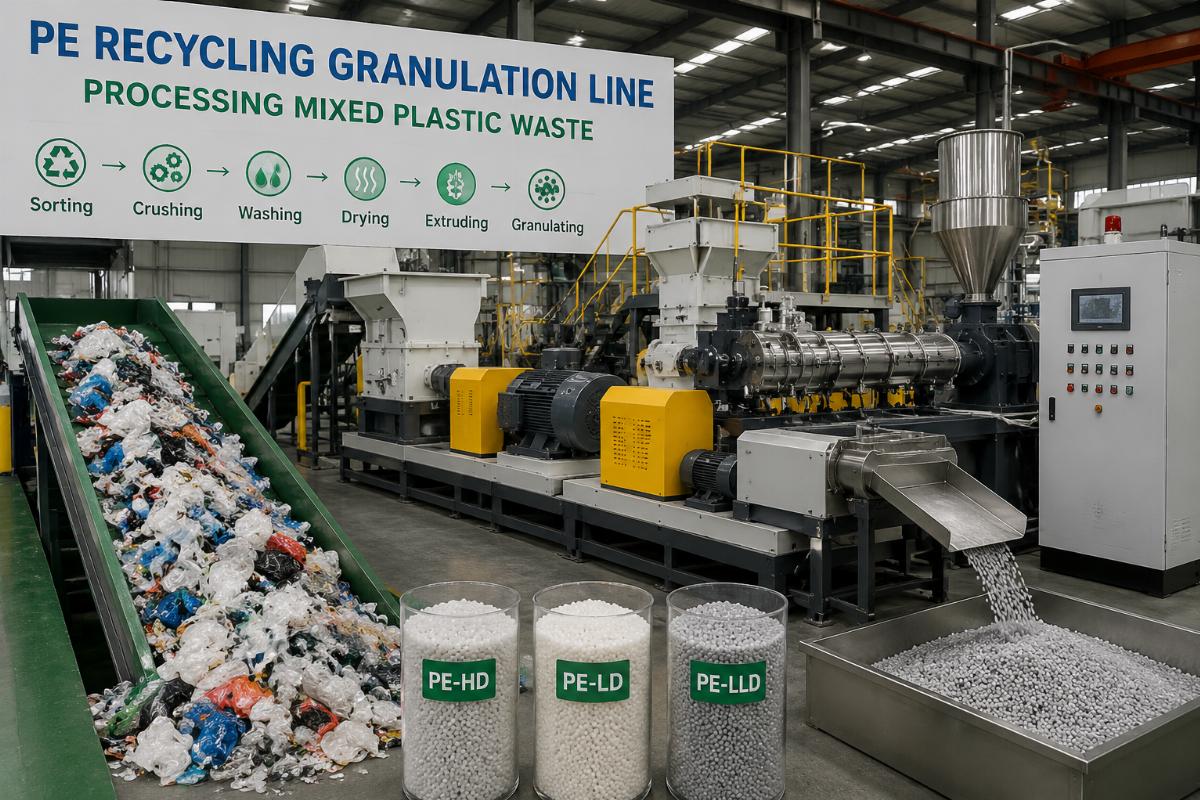 PE recycling granulation line processing mixed plastic waste