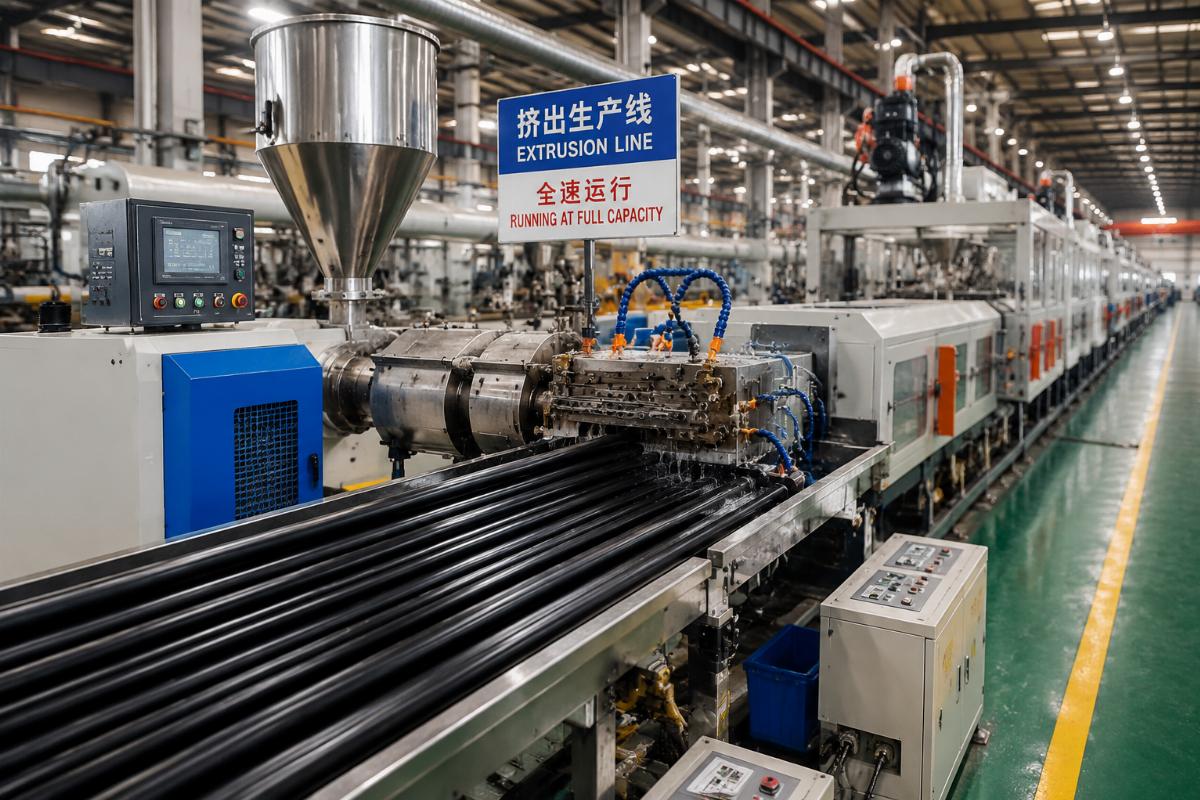 Plastic extrusion production line running at full capacity in a factory facility