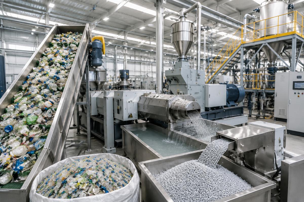 Plastic recycling granulation line processing post-consumer waste