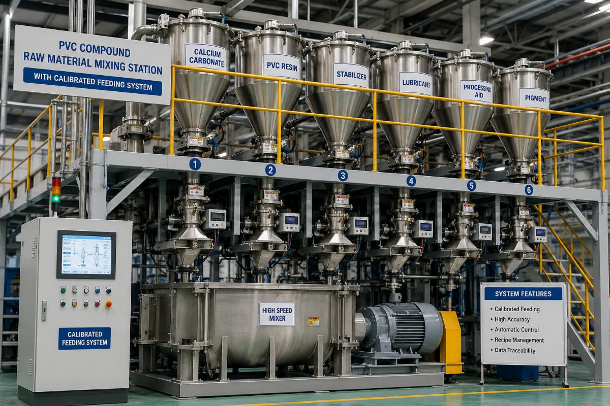 PVC compound raw material mixing station with calibrated feeding system