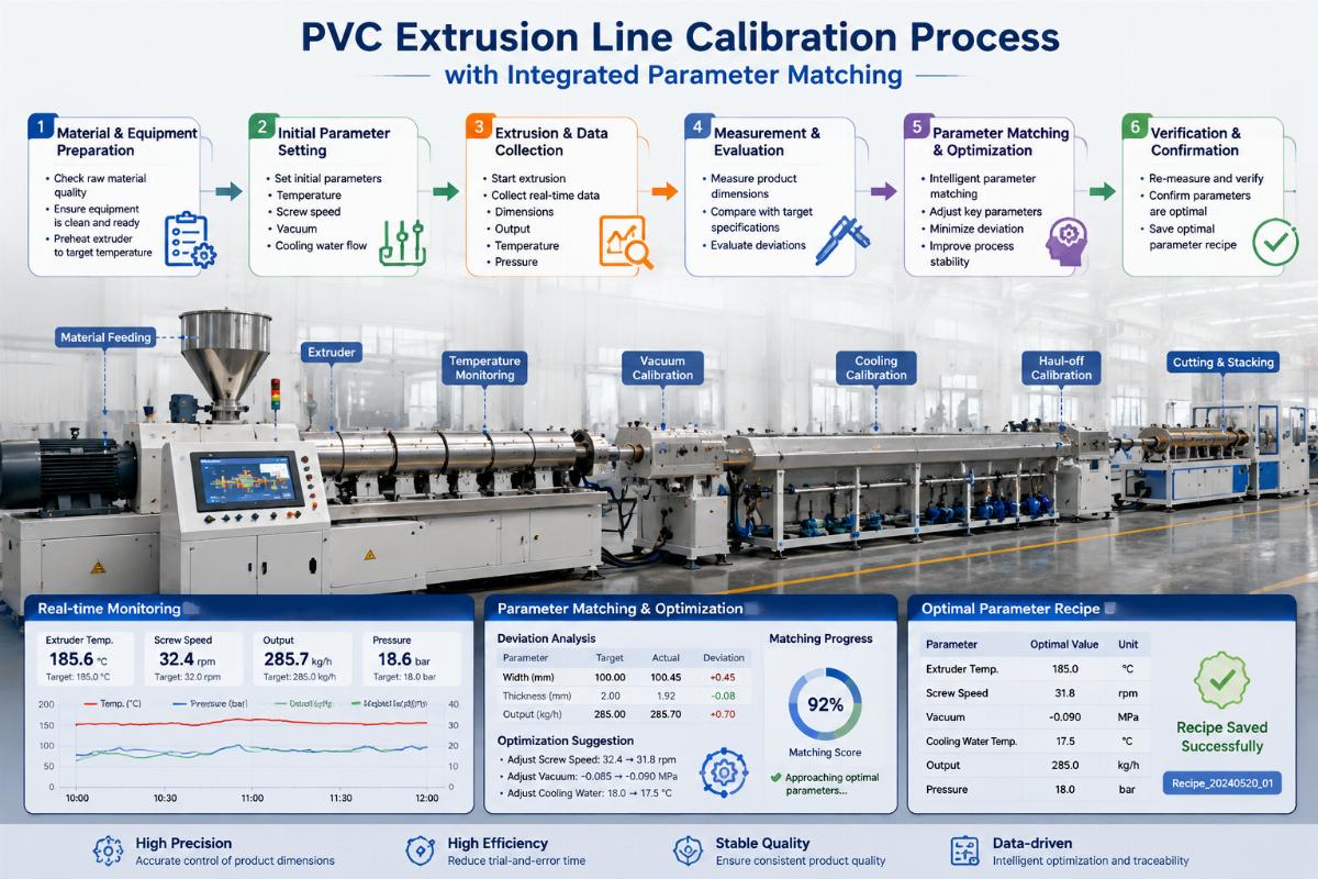 PVC extrusion line calibration process with integrated parameter matching