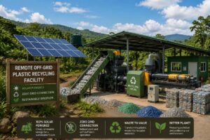 Remote off-grid plastic recycling facility running on solar power with zero grid connection
