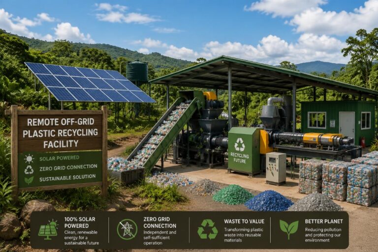 Remote off-grid plastic recycling facility running on solar power with zero grid connection