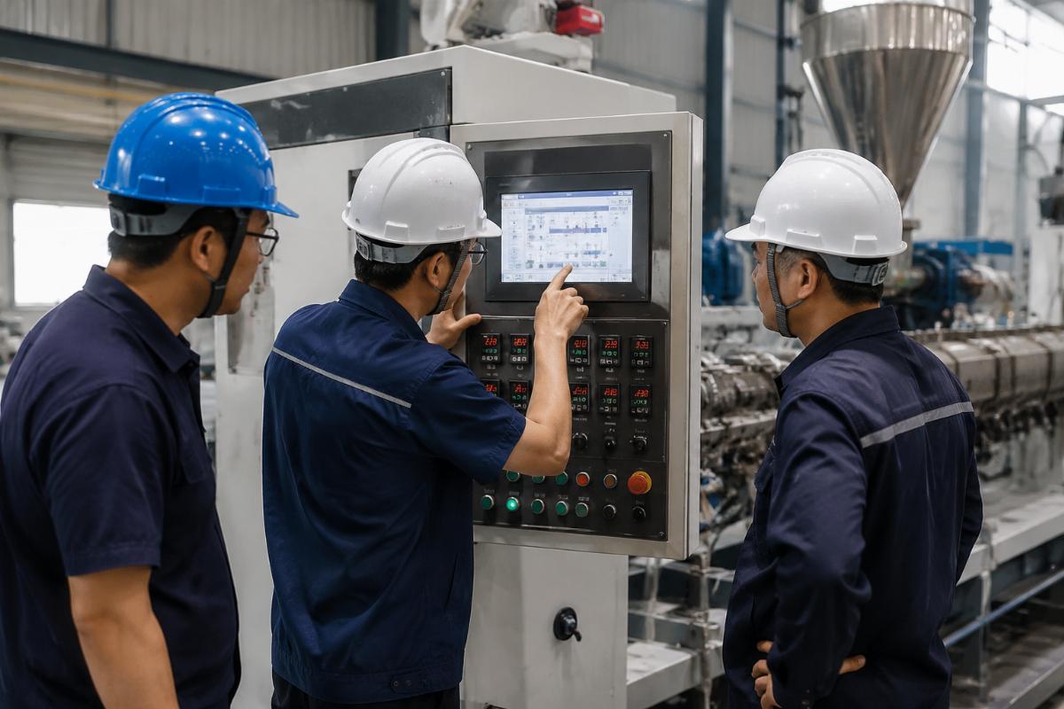 Service team conducting on site extruder control panel commissioning at a client factory