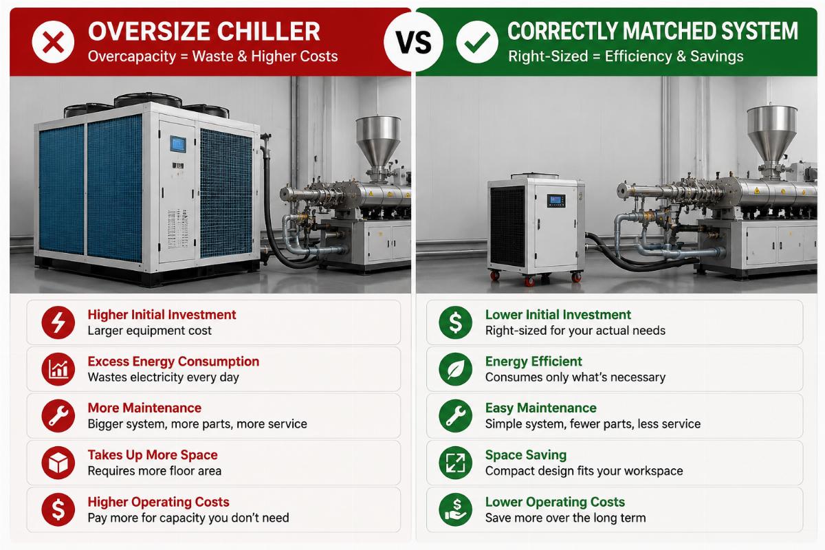 Side-by-side comparison of an oversize chiller and a correctly matched compact extruder water cooling system