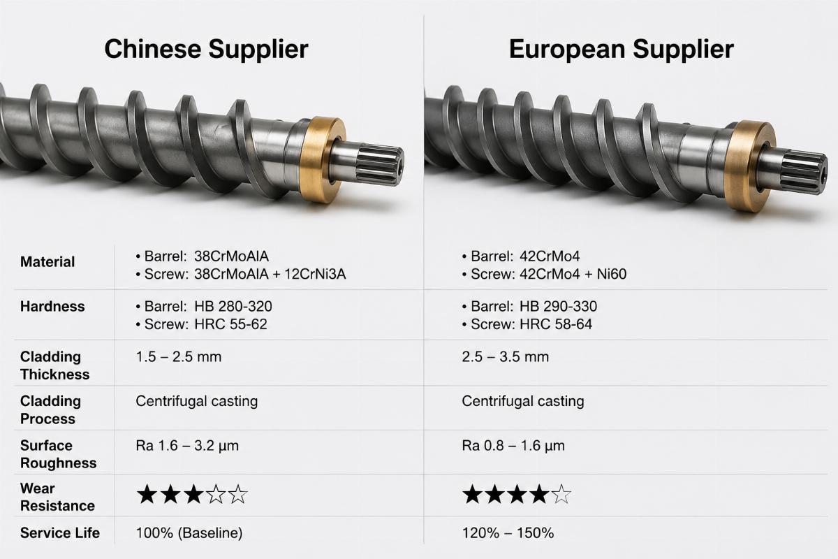 Side by side comparison of bimetallic screw components from Chinese and European suppliers