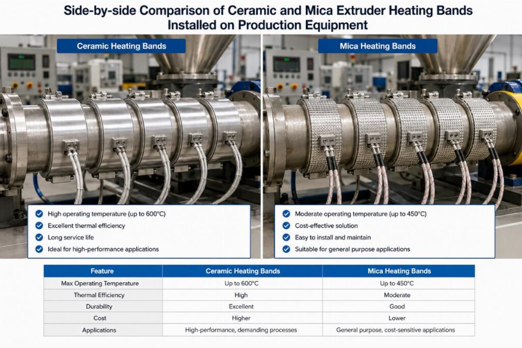 Side-by-side comparison of ceramic and mica extruder heating bands installed on production equipment