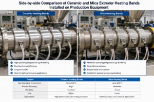 Side-by-side comparison of ceramic and mica extruder heating bands installed on production equipment