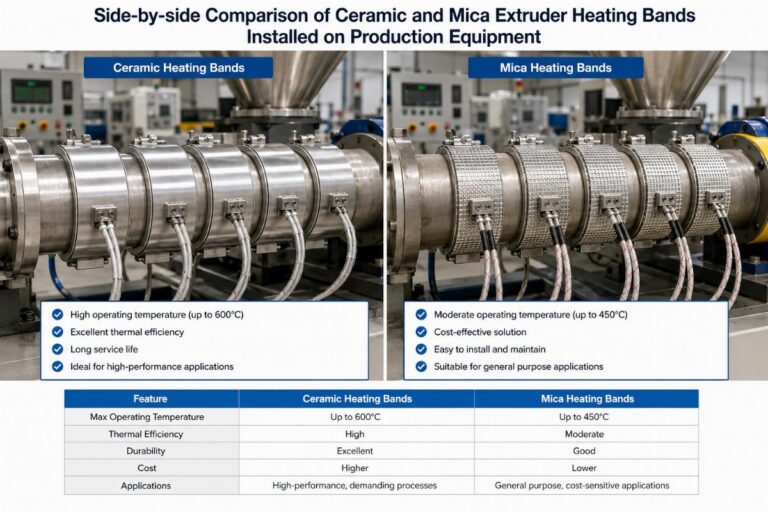 Side-by-side comparison of ceramic and mica extruder heating bands installed on production equipment