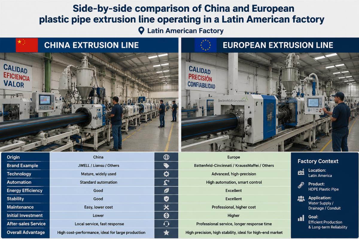 Side-by-side comparison of China and European plastic pipe extrusion line operating in a Latin American factory