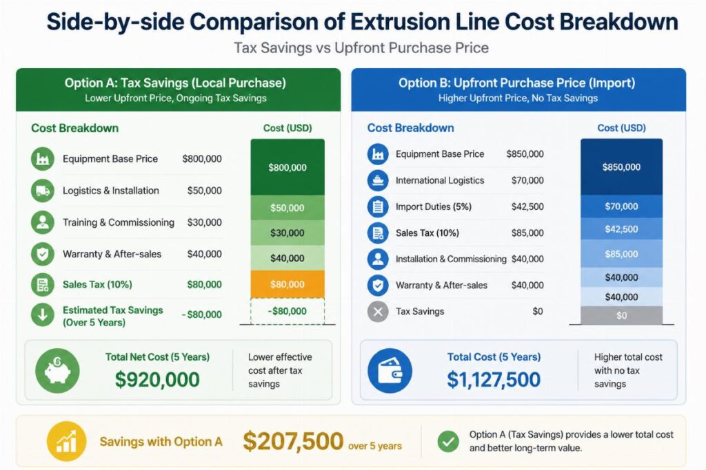Side-by-side comparison of extrusion line cost breakdown showing tax savings vs upfront purchase price