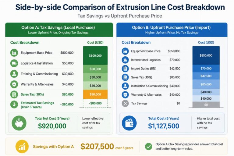 Side-by-side comparison of extrusion line cost breakdown showing tax savings vs upfront purchase price