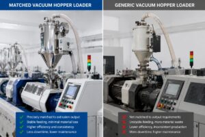 Side-by-side comparison of matched and generic vacuum hopper loaders installed on extrusion lines