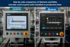 Side-by-side comparison of Siemens and Delta extruder control panel units installed on production lines