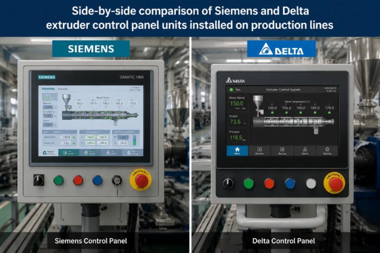 Side-by-side comparison of Siemens and Delta extruder control panel units installed on production lines