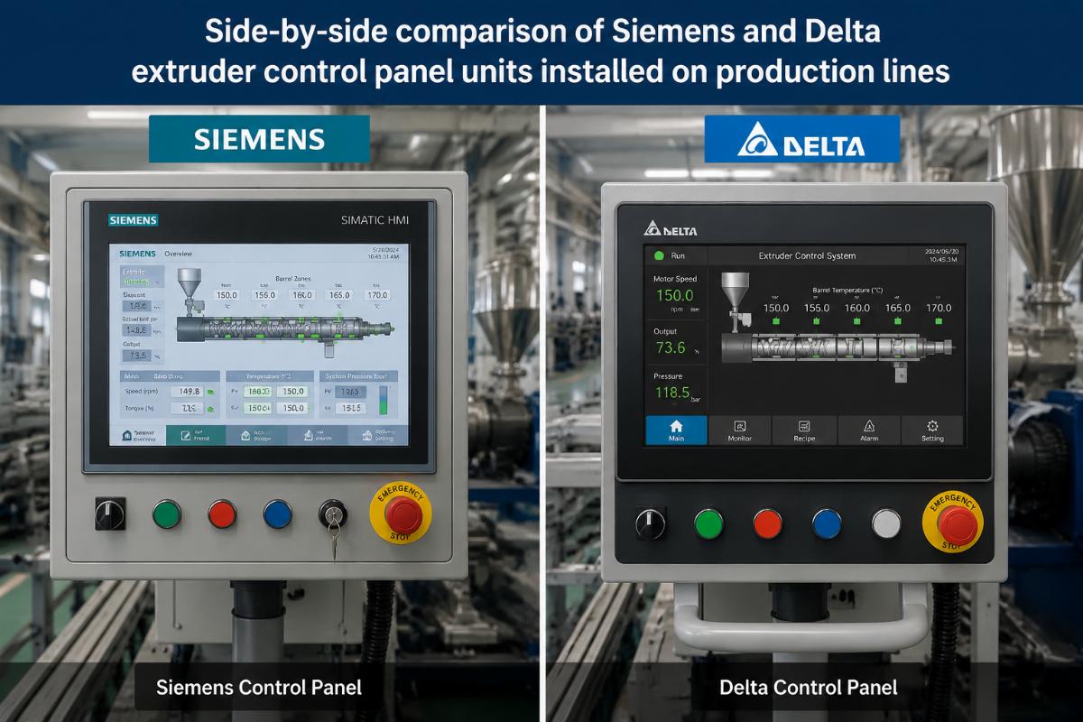 Side-by-side comparison of Siemens and Delta extruder control panel units installed on production lines