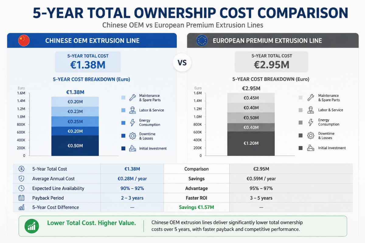 Side-by-side cost comparison chart showing total ownership costs for Chinese OEM vs European premium extrusion lines over 5 years