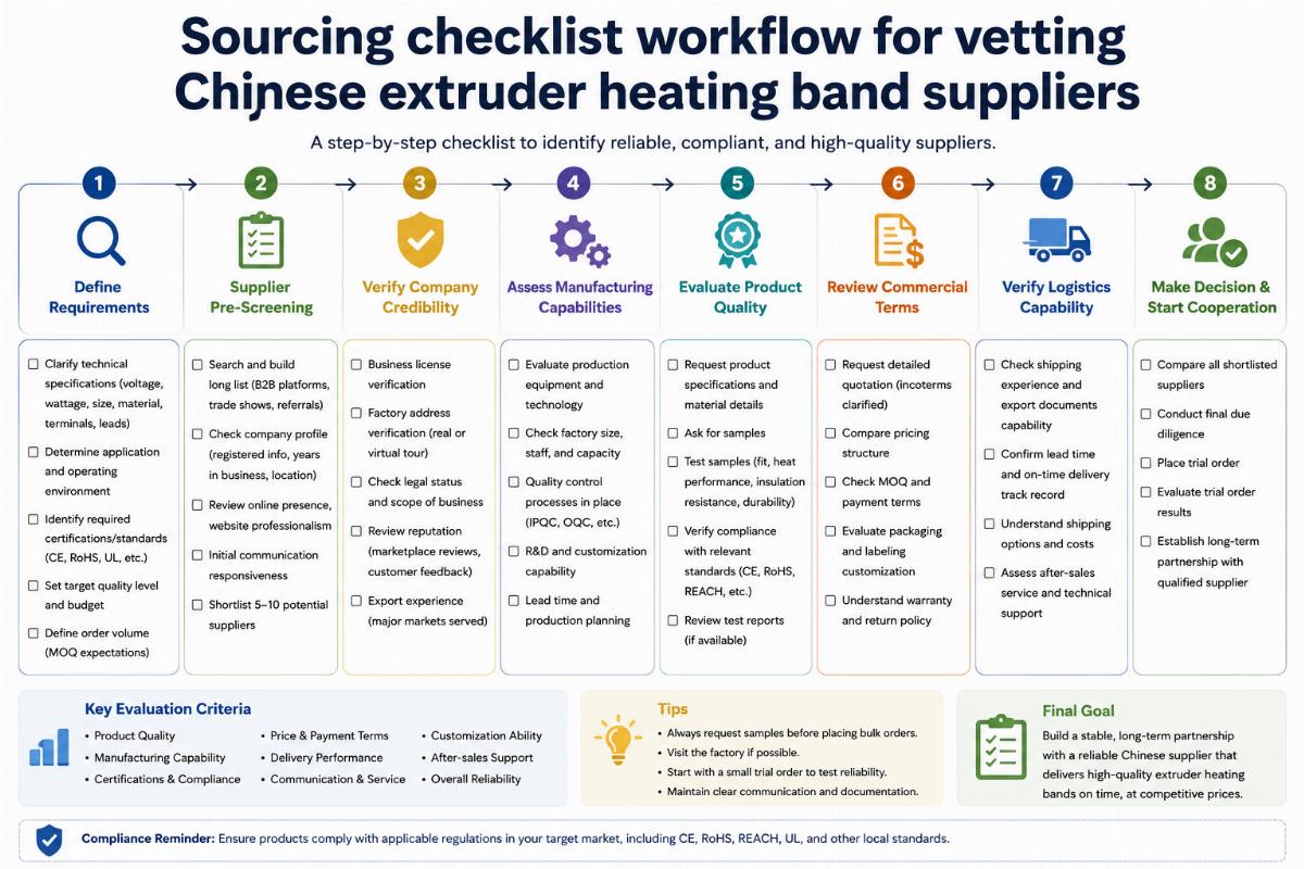 Sourcing checklist workflow for vetting Chinese extruder heating band suppliers
