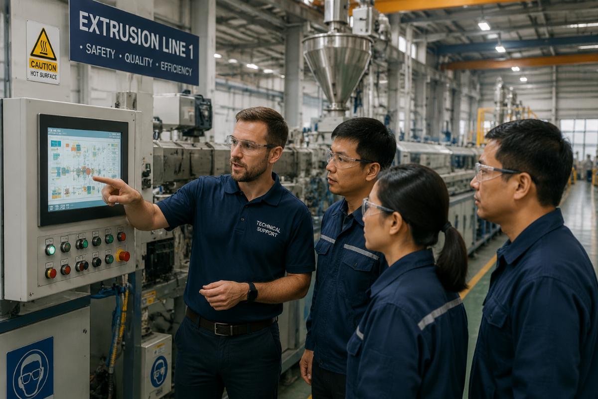 Technical support team walking factory operators through extrusion line operation