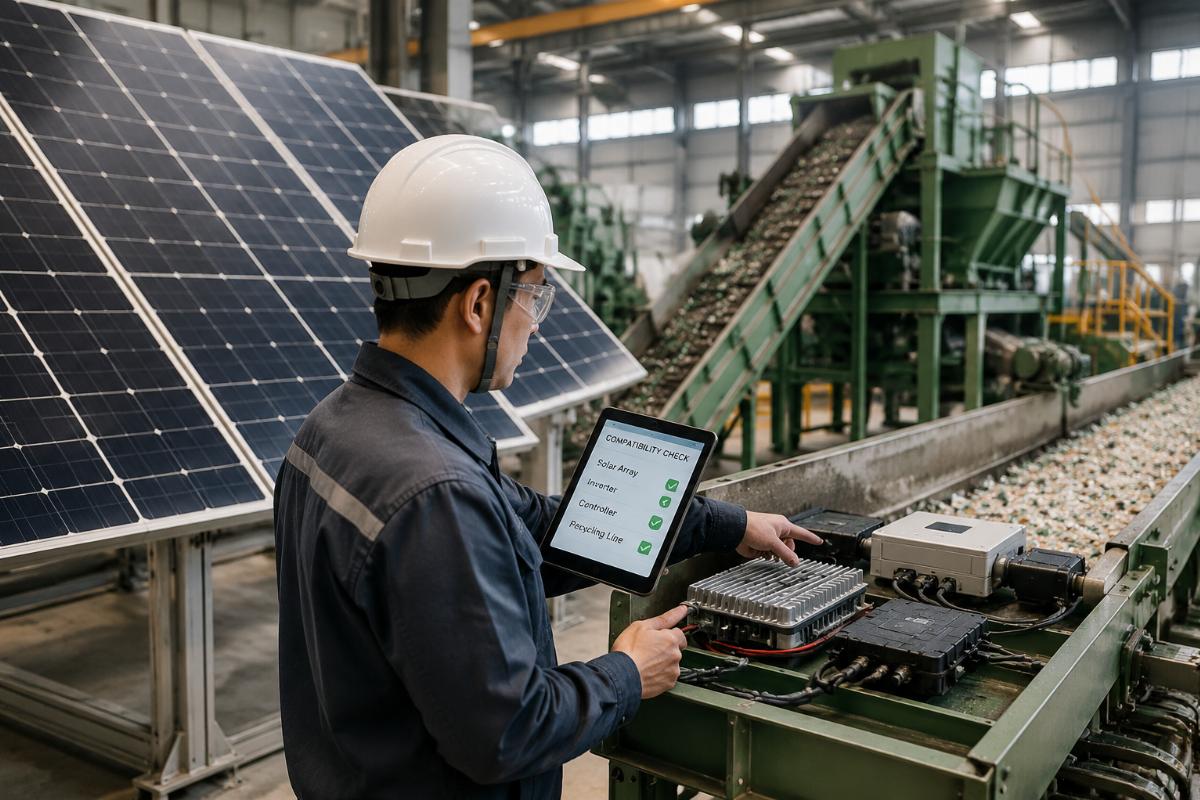 Technician checking compatibility between solar array and recycling line components