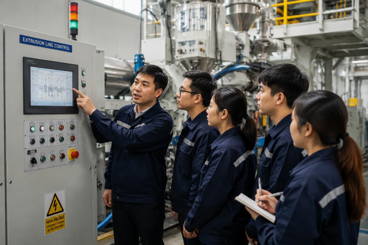 Technician training operations team on extrusion line control panel