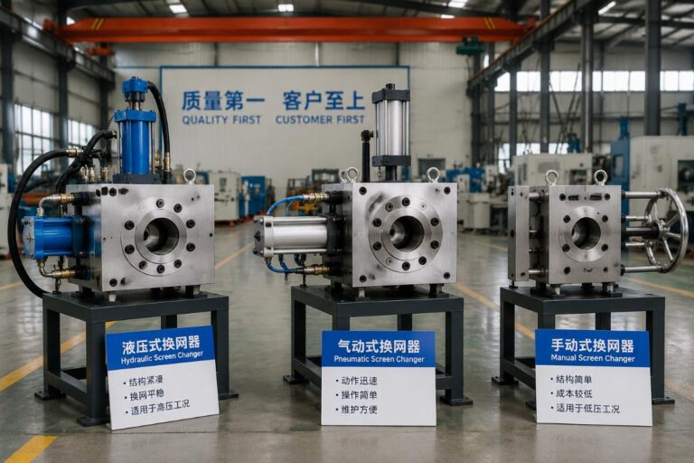 Three types of extruder screen changers displayed side by side in a factory workshop