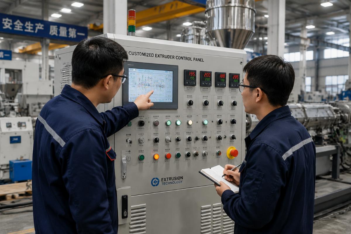 Two technicians inspecting a customized extruder control panel unit in a factory workshop