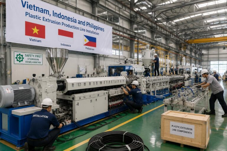 Vietnam, Indonesia and Philippines plastic extrusion production line installation on factory floor