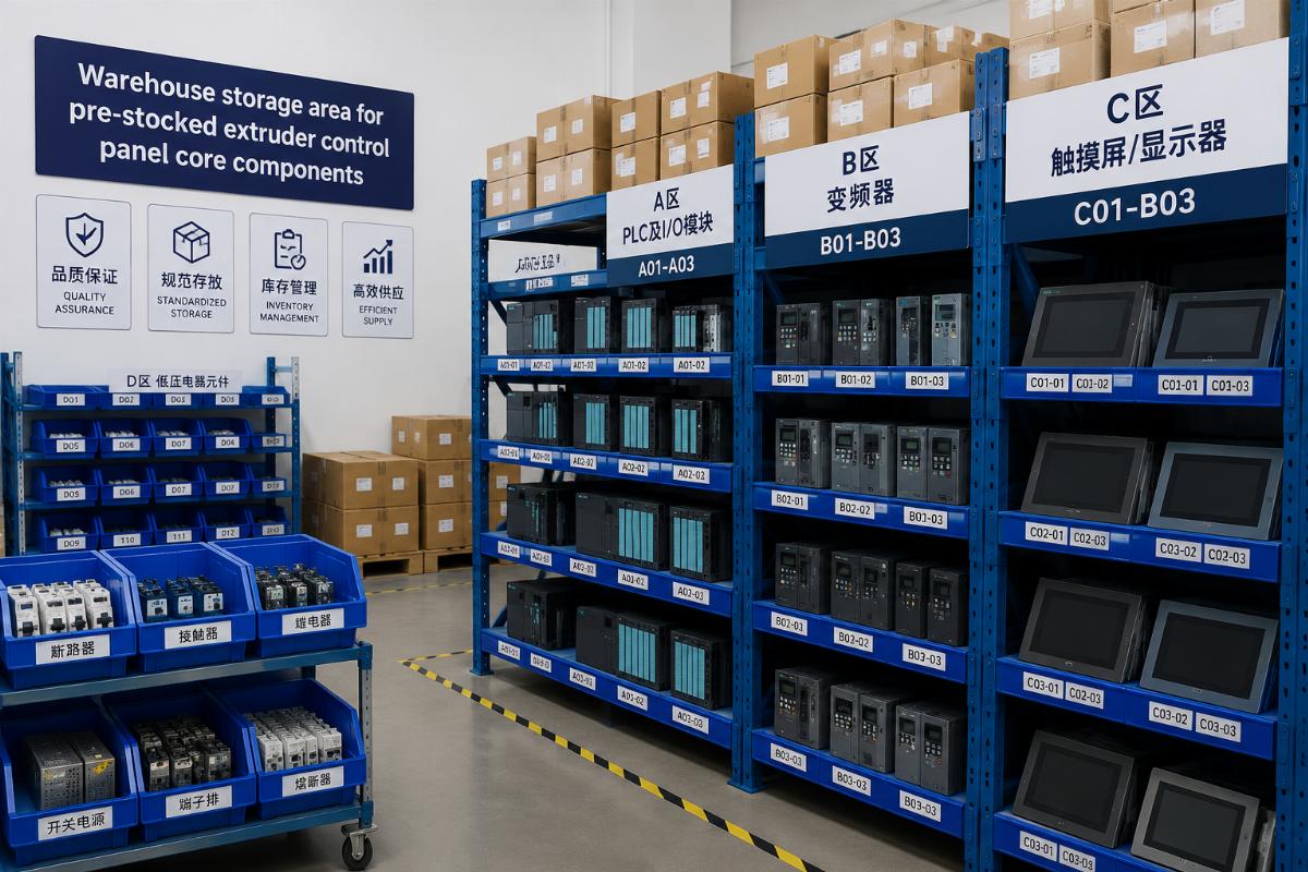Warehouse storage area for pre-stocked extruder control panel core components