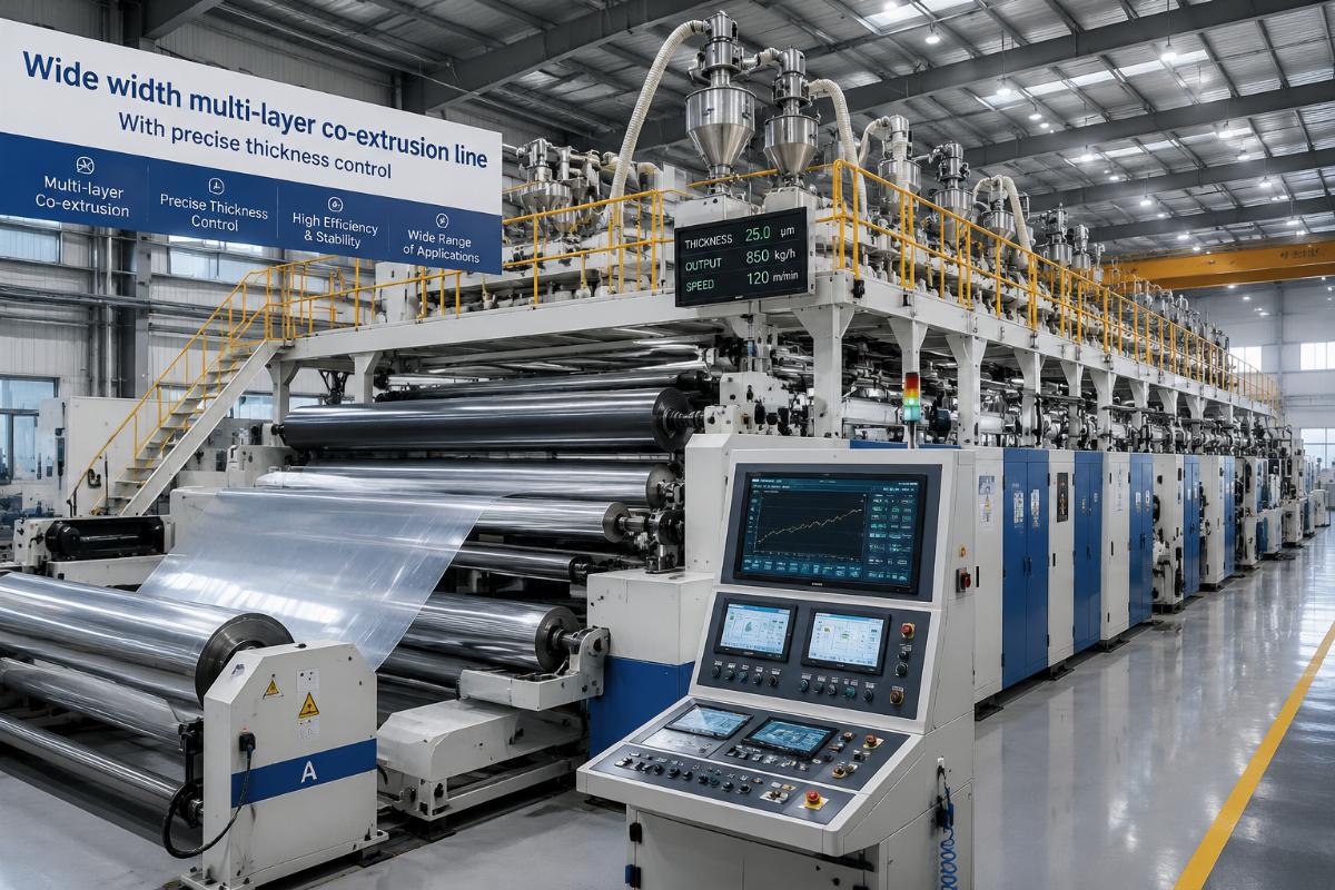 Wide width multi-layer co-extrusion line with precise thickness control