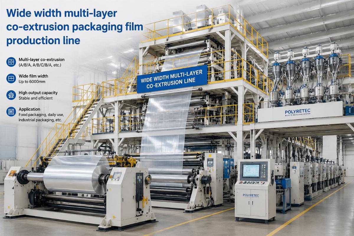 Wide width multi-layer co-extrusion packaging film production line