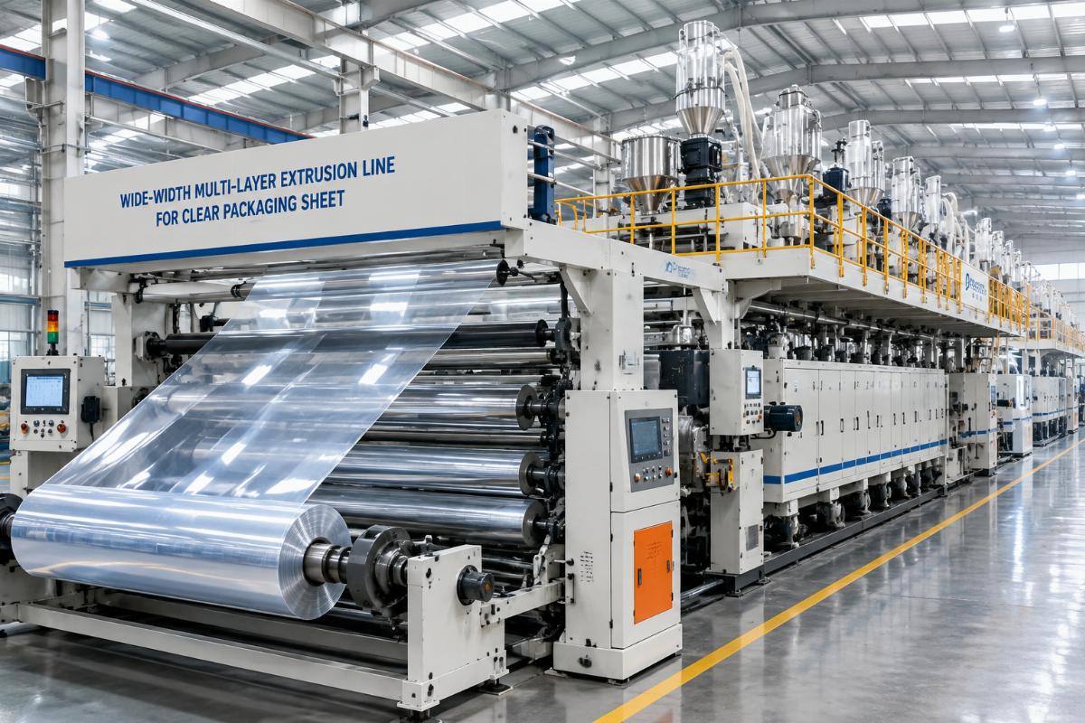 Wide-width multi-layer extrusion line producing clear packaging sheet