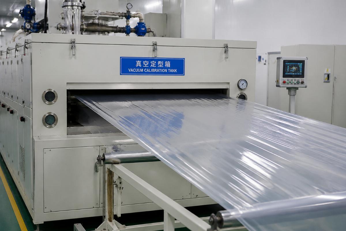 Wide-width plastic sheet exiting a matched vacuum calibration tank