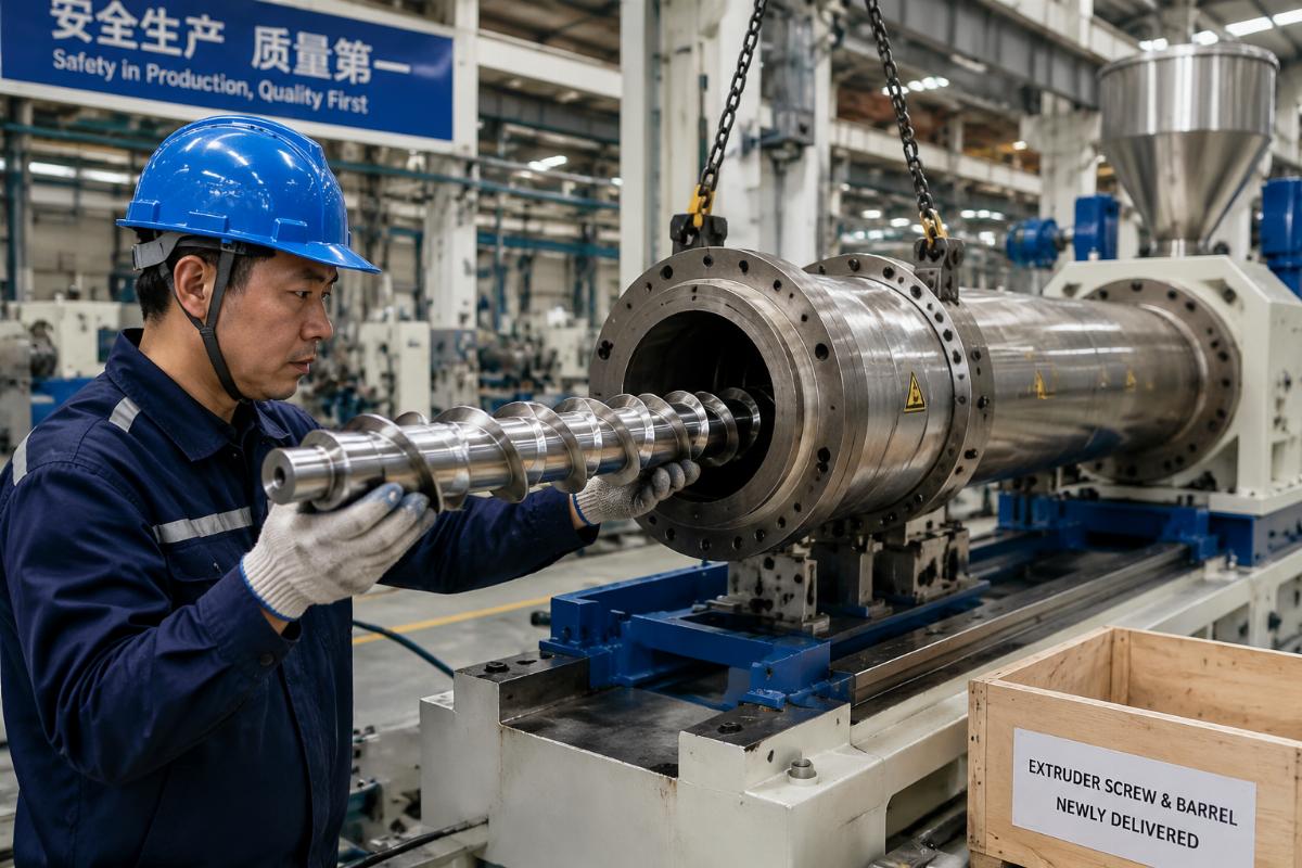 Workshop technician installing newly delivered extruder screw and barrel into production line