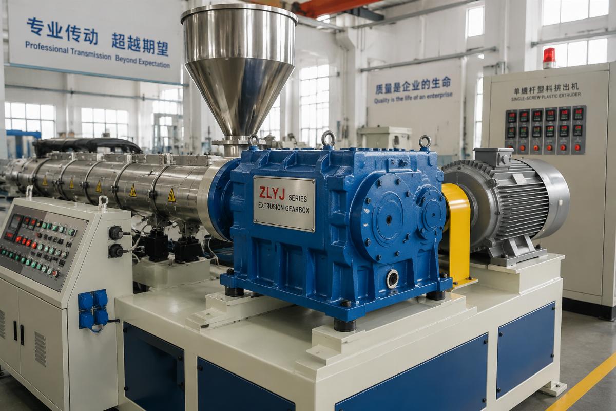ZLYJ series extrusion gearbox installed on a single-screw plastic extrusion line